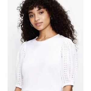 Loft Knit Tee with eyelet lace puff sleeves White
